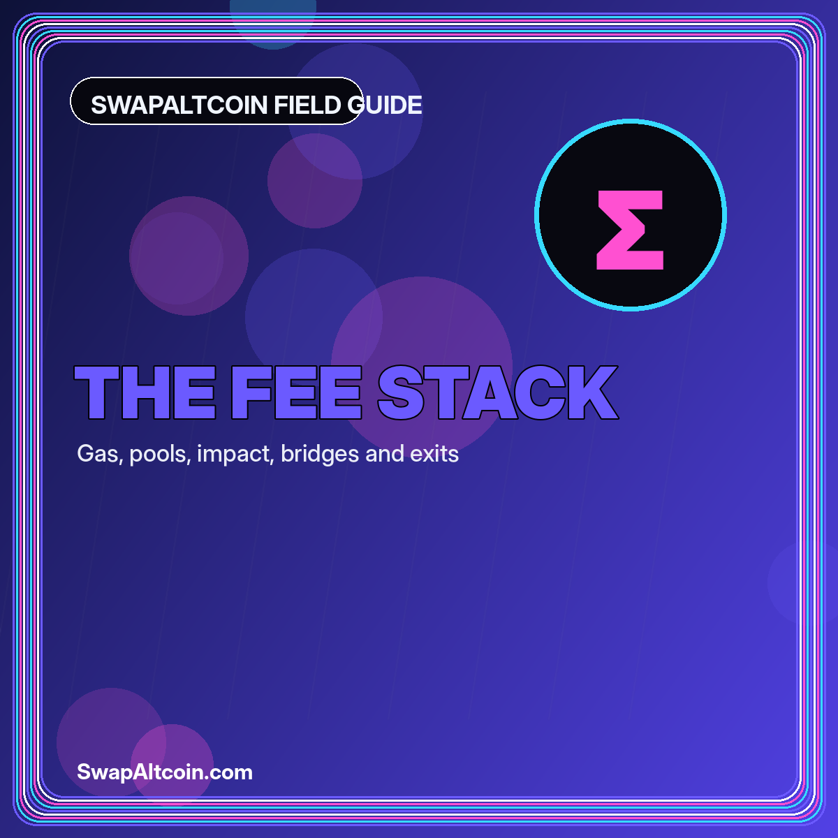 Neon typography card reading The Fee Stack with layered cost blocks